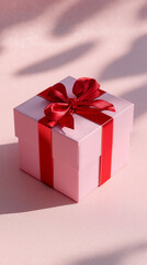 Fototapeta premium Pink colored gift box with a red bow on a pink background