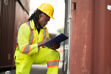 African worker working with use clipboard checking container at container site	