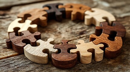 Wooden puzzle pieces arranged in a circle on a rustic wooden surface creating a sense of connection