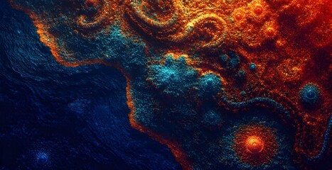 Fiery nebula landscape abstract, with swirling orange cosmos and cool blue ocean depths.