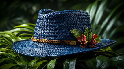 Dark Blue Woven Straw Hat with Tropical Flowers - Illustration