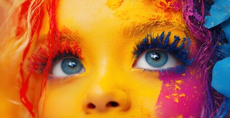 Vibrant colorful face art. Expressive blue eyes, yellow skin tone. Makeup beauty fashion portrait.