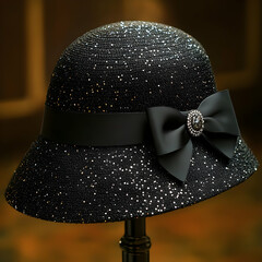 Elegant Black Glitter Cloche Hat with Bow - Fashionable Headwear Photography