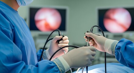 Minimally Invasive Surgery: Close-Up of Surgeons Using Endoscopes During a Procedure in a Modern Operating Room