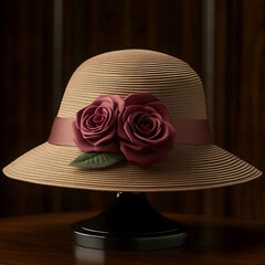 Elegant Beige Straw Boater Hat with Burgundy Roses 3D Render