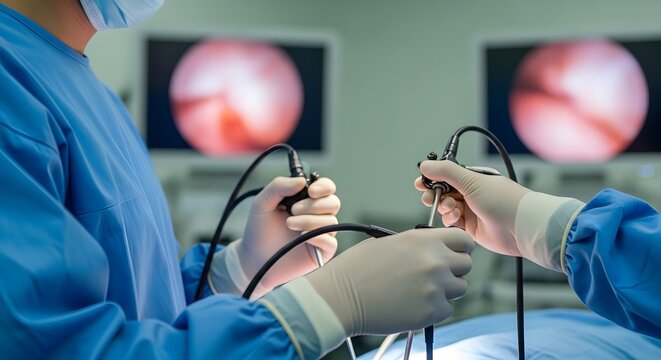 Minimally Invasive Surgery: Close-Up of Surgeons Using Endoscopes During a Procedure in a Modern Operating Room