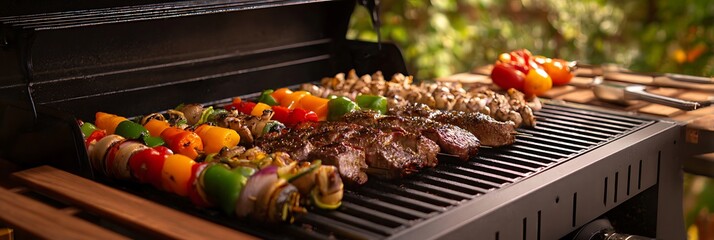 A barbecue grill with skewers of vegetables and meat grilling outdoors on a sunny day in the garden