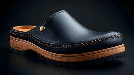 Elegant Black Leather Clog with Wooden Sole 3D Illustration