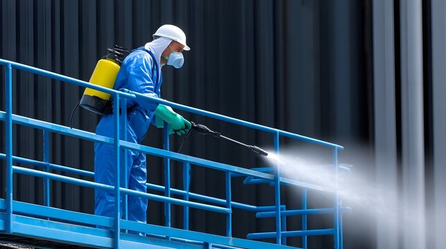 Worker in protective gear spraying disinfectant to sanitize walls of a food processing facility, following strict hygiene protocols.