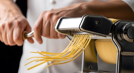 Close-Up of Chef's Hands Using a Stainless Steel Pasta Maker, Fresh Golden Yellow Noodles