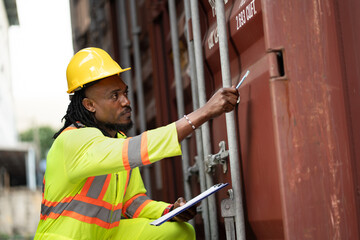 African worker working with use clipboard checking container at container site	