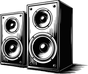 Two black and white speakers with visible drivers on a white background in a sketch style image