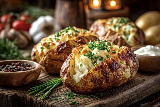 Jacket potatoes are garnished with chives, cheese, and accompanied by sour cream, creating a comforting and flavorful dish on a rustic wooden board setting a cozy atmosphere
