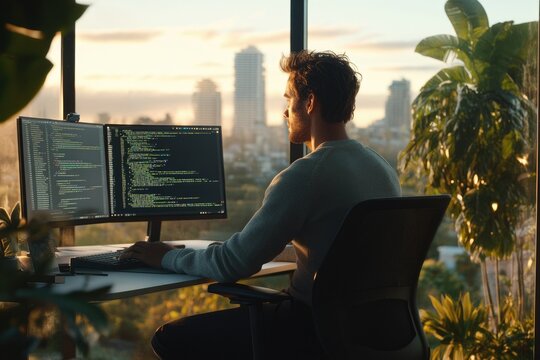 A programmer works from home, looking at a cityscape during sunset, coding on a dual monitor setup.