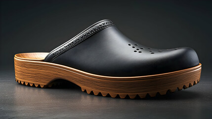 Stylish Black Leather Clog with Wooden Platform- 3D Render