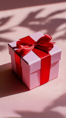 Pink colored gift box with a red bow on a pink background