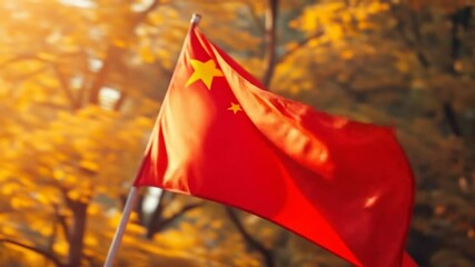 Majestic chinese flag waves in autumn landscape, celebrating national identity - Powered by Adobe