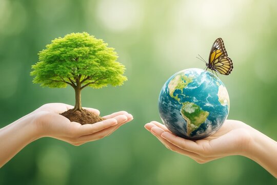 Human hands holding a tree and Earth globe with butterfly on soft green background symbolizing environmental protection and harmony concept.