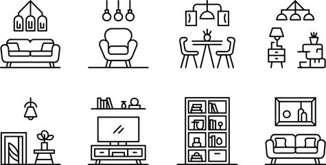 A collection of line art icons depicting furniture and interior design elements in a simple style