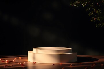 Simple round podium set against a dark natural background, ideal for product presentations, elegant displays, and minimalistic design concepts with an organic atmosphere