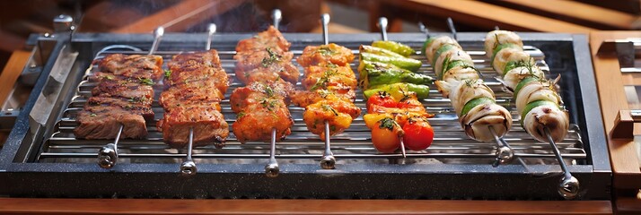 Assorted skewers of meat and vegetables cooking on a barbecue grill indoors with visible smoke rising up