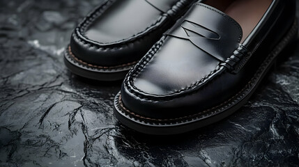 Elegant Black Leather Loafers on Dark Textured Background -  Product Photography