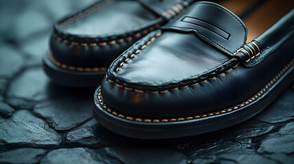 Close-up Detailed Image of Elegant Black Leather Loafers on Dark Background