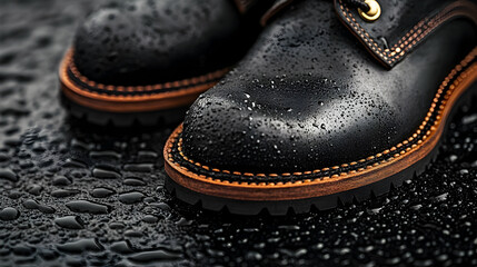 Closeup of Black Leather Boots with Water Drops - Realistic Product Photography