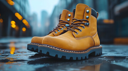Stylish Yellow Leather Boots, Product Photography, Wet Ground Reflection