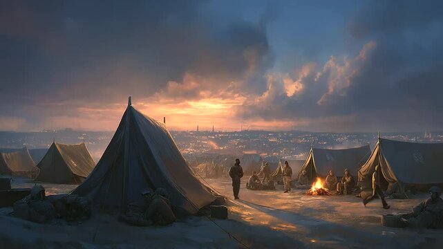 A photorealistic military camp at sunset with soldiers and tents