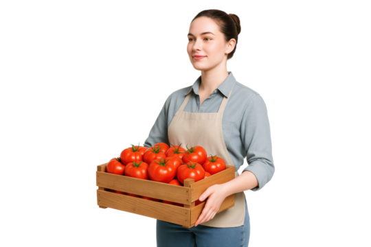 Woman holding wooden crate full of fresh ripe tomatoes in apron - Powered by Adobe