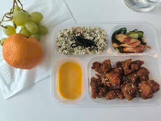 A perfectly portioned healthy meal prep box, featuring crispy chicken, rice, vegetables, sauce, and fresh fruit. Ideal for nutritious on-the-go eating