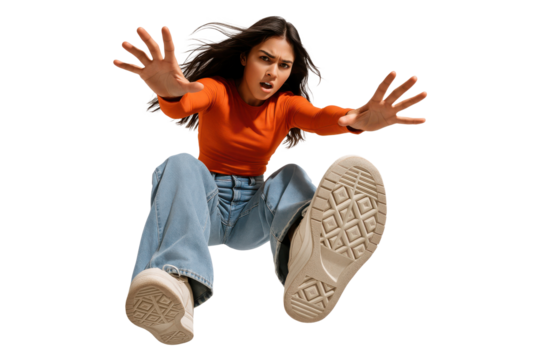 Young woman falling forward with scared expression and outstretched hands, isolated on transparent background