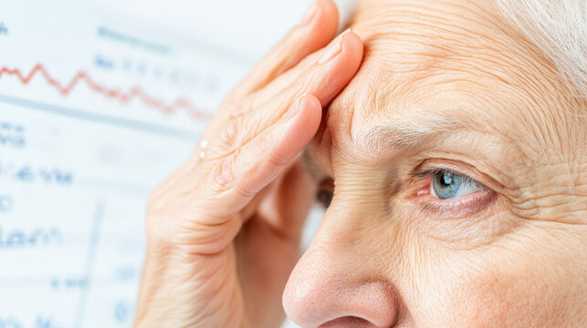 Concerned senior man touching forehead with medical chart, symbolizing health checkup and stroke risk awareness, elderly healthcare and medical examination concept.