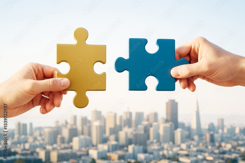 Poster two hands holding fitting puzzle pieces with city background representing teamwork and collaboration