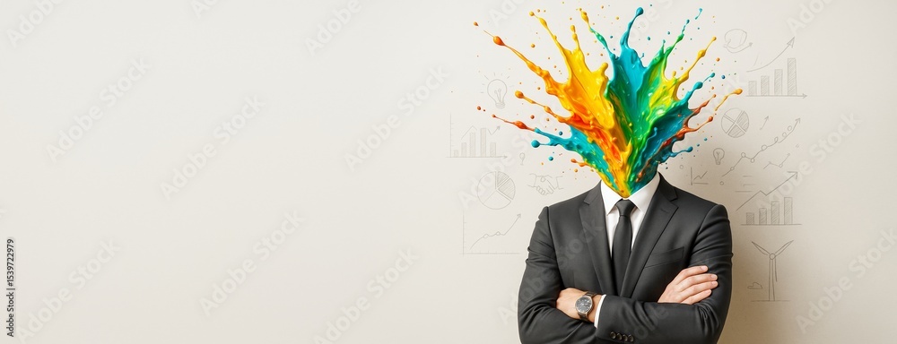 Poster Businessman with colorful paint explosion instead of head on light background with graphs and charts, symbolizing creativity and innovation in business.