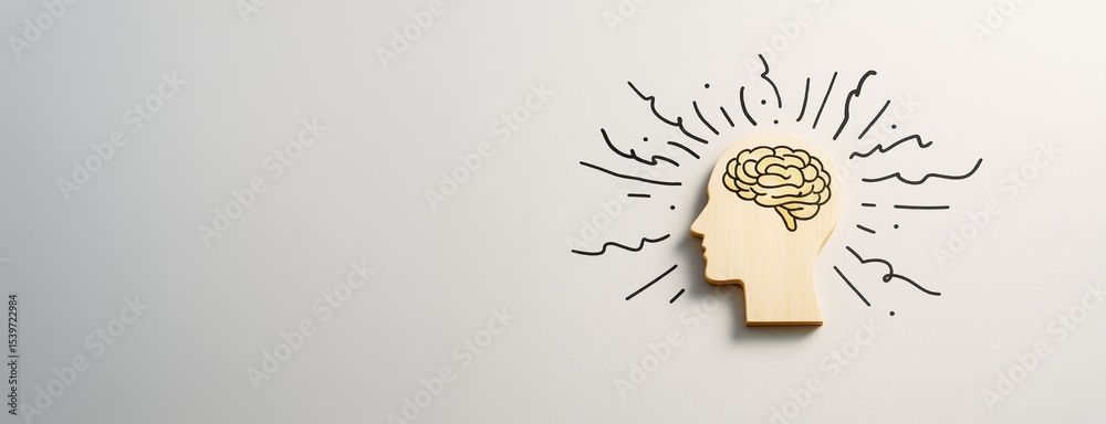 Poster wooden human head with brain sketch and creative lines on light background with copyspace for concep