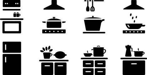A collection of kitchen icons featuring a stove refrigerator and cooking utensils in black and white style