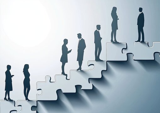 Silhouettes of business people ascending a puzzle-piece staircase
