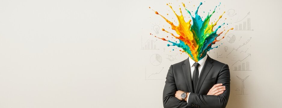 Businessman with colorful paint explosion instead of head on light background with graphs and charts, symbolizing creativity and innovation in business.