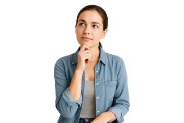 Thoughtful young woman in denim shirt looking away with hand on chin isolated on transparent background
