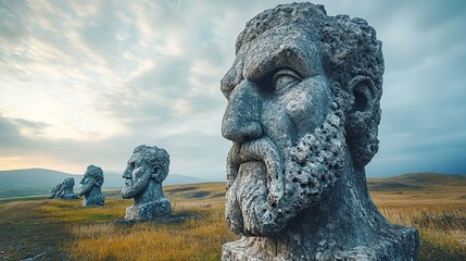 Colossal Stone Giants, Ancient Mythological Statues in a Dramatic Landscape 