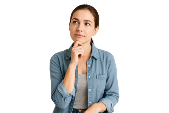 Thoughtful young woman in denim shirt looking away with hand on chin isolated on transparent background