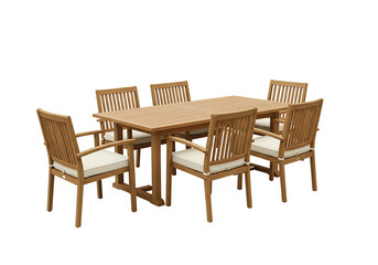 Teak wood outdoor dining set with cushions isolated on transparent background
