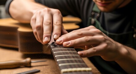 Fototapeta premium Close-Up of Craftsman's Hands Carefully Sanding a Guitar Fretboard, Woodworking Detail