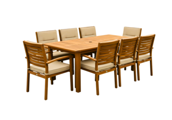 Wooden outdoor dining set with six chairs isolated on transparent background