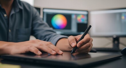 Focused Graphic Designer Using Stylus on Digital Tablet, Professional Workspace with Monitors Displaying Color Palettes