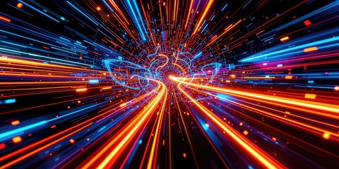 Obraz premium Abstract futuristic space with a colorful tunnel and bright light emanating from a central vanishing point