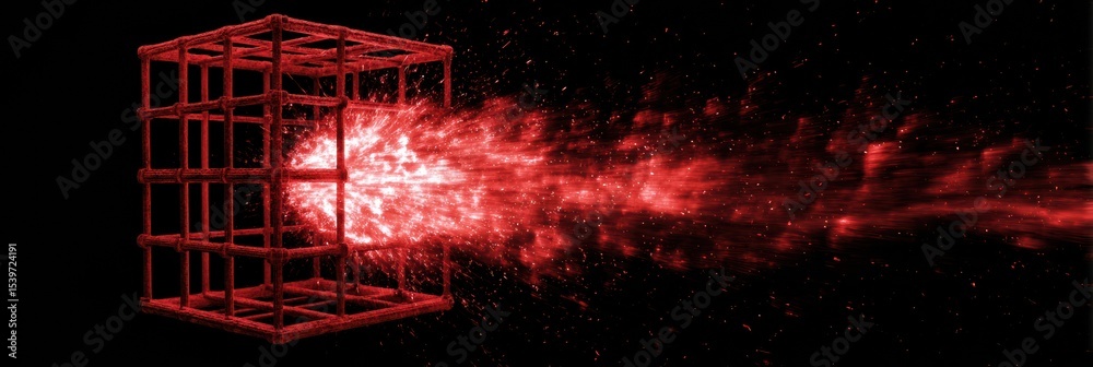 Poster red burst of energy escaping from a symbolic cage in a dark void