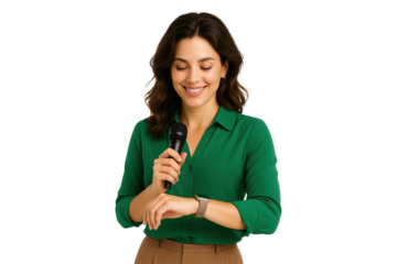 Smiling woman holding microphone while checking smart watch isolated on transparent background